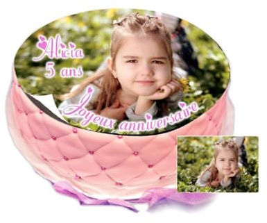 Disque Sucre ROND 20 CM comestible photo sur gâteau anniversaire personnalisée avec votre image.