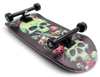 SPITBOARDS 36 x 96 mm Wood Fingerboard Complete Set-Up, Pre Assembled, 5-Layers Wood, Pro Trucks with Lock Nuts, CNC Bearing Wheels, Real Wear Graphics, Lasered Foam Grip Tape, Slimey Skulls