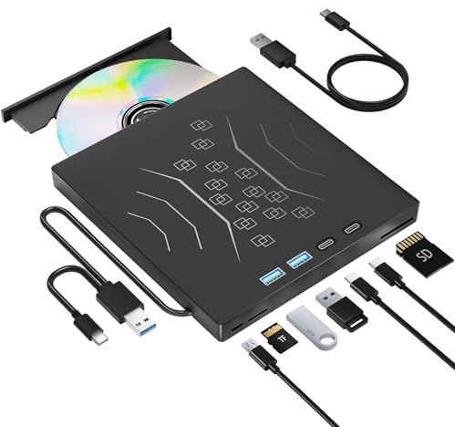 7 in 1 External DVD Drive, External CD/DVD Drive for Laptop USB 3.0 & Type-C, Portable CD/DVD +/-RW Disk Drive, CD/DVD Burner CD ROM External Drive for Laptop Desktop PC Windows 7/8/10/XP Mac Linux