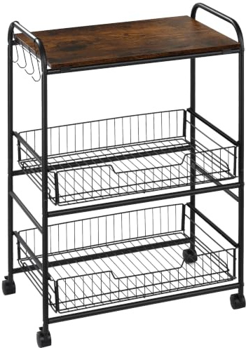 HOMCOM Carrito Auxiliar con Ruedas 3 Niveles 60x38x85,5cm Marrón Rústico | Carrito de Cocina, Mueble Frutero Cocina, 2 Cestas, 4 Ganchos, para Comedor Salón