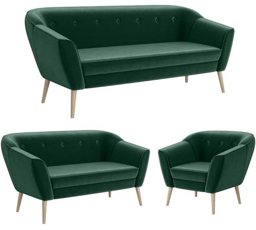 MEBLINI Mini Sofa Set 3-2-1 für Wohnzimmer - Mini Lounge für sechs Personen - Küchensofa - Sofa Klein - Sitzgarnitur - Polstergarnitur - Sofagarnituren - Doris - 3+2+1 - Grün Samt