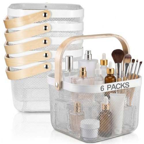 Roshtia Small White Wire Storage Basket with Wooden Handle 8.46 Inch, Decorative Gift Basket for Wedding Favors, Nurse Appreciation Gifts, Bathroom Organizer, Farmhouse Kitchen Storage Bin