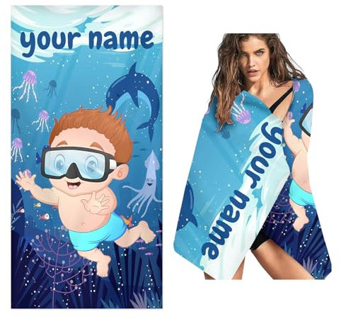WEQEER Personalisiertes Strandtuch Badetuch mit Namen, Unter dem Meer personalisiertes Handtuch, Personalisiertes Tauchen Thema Mikrofaser Strandtuch für Kinder (A,80x160cm)
