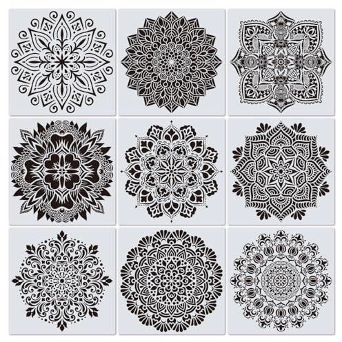 FONGKNOX 9PCS Large Mandala Stencil Stencil Drawing Set for Scrapbook Drawing Drawing DIY Furniture Mandala Auxiliary Painting Stencil Tile Stone Wall Painting Spray