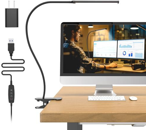Mojimdo Lámpara de escritorio 77 LED [Potencia luminosa notable] 70 cm Lámpara con pinza, 3 colores y 10 niveles de luminosidad Lámpara de lectura 360° flexible con cargador USB para hogar/oficina