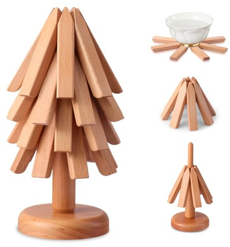 Fzaqwen Dessous de Plat en Bois pour Plats Chauds – 4 Dessous de Plat en Bois de Noyer en Forme d'arbre pour casseroles et poêles Chaudes, Dessous de Verre Pliables, Coussinets résistants Beech Wood