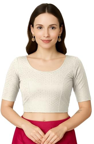 Jaanvi fashion Women's Round Neck Pure Cotton Dobby/Kalamkari Ajrakh Elbow Sleeve Stretchable Readymade Saree Blouse