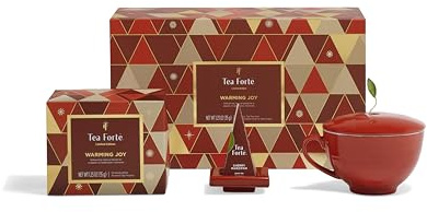 Tea Forte, Coffret cadeau avec tasse à café, plateau à thé et 10 infuseurs à thé pyramidaux faits main (Warming Joy Chest)