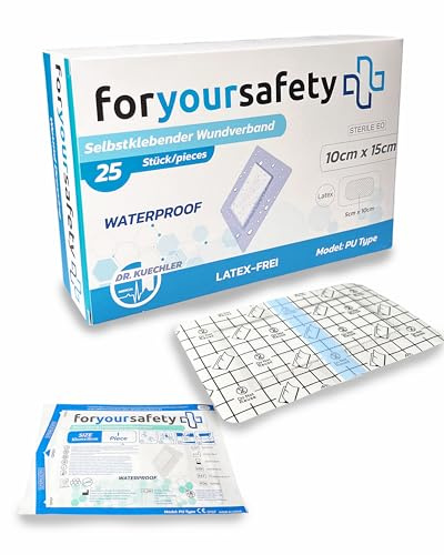 FORYOURSAFETY Wundpflaster wasserfest, Grössen 6x7, 10x10cm, 10x15cm, 10x20cm, latexfrei, Schutz bei Schnittwunden & Kratzern, Pflaster einzeln verpackt, Größe:10x15cm (25er Pack)