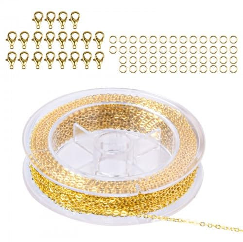 12 Metri Catene per Collane Fai da Te, Catenina Oro Rotolo, Rotolo di Catena per Gioielli, Catena Maglia, Collane a Catena con 20 Aragosta e 50 Anelli di Salto, per Collana Accessori di Gioielli DIY