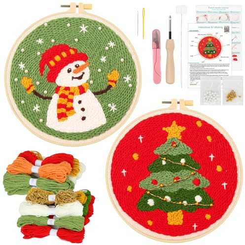 JSRQT 2 Sets Weihnachts Punch Needle Set für Anfänger, Punch Needle Stickerei Starter Set für Erwachsene und Kinder mit Weihnachtsbaum Schneemann Muster, Stanznadel Kit mit 2 Stickrahmen, Anleitung