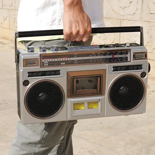 Boombox cassette rétro avec Bluetooth et radio AM/FM – Lecteur de bande portable et enregistreur avec amplification des basses, haut-parleur intégré, prise casque 3,5 mm, SD/USB
