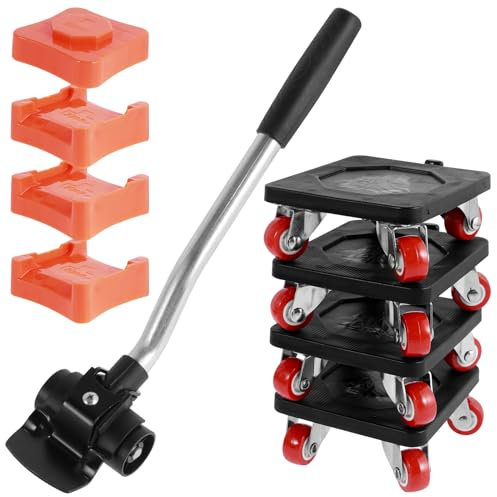 Lot de 9 roulettes de transport pour meubles - 1 pied de biche - 4 poulies mobiles - 4 blocs de rehaussement - 4 patins pour meubles lourds - Aide au transport avec roulettes - Pour déplacer des