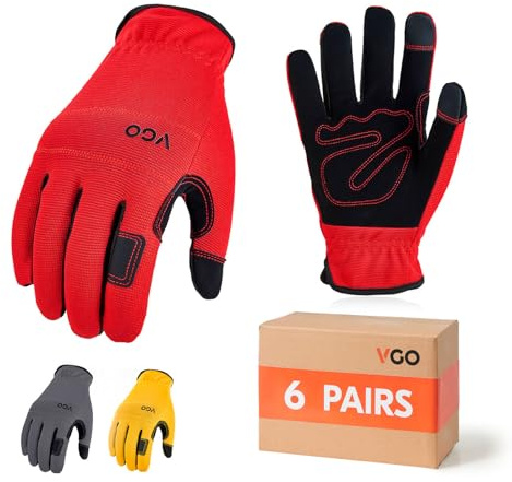 Vgo... 6Paar Herren Sicherheitshandschuhe, Bauarbeiterhandschuhe, Gartenhandschuhe, leichte Mechanikerhandschuhe (rot+gelb+grau, NB7581)