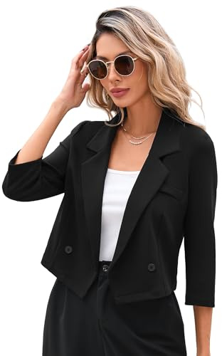 KOJOOIN Blazer para mujer ligeramente recortado de negocios casual con mangas de 3/4 abiertas para trabajo y oficina（Envase múltiple）, Negro , XL