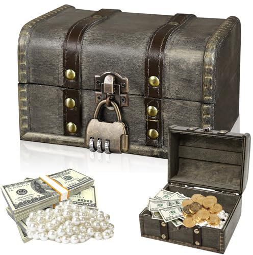 Forbabe Schatztruhe Holz, Schatzkiste mit Schloss Aufbewahrung Schatzkiste Vintage Schmuckkästchen mit Deckel Klein Piratenschatztruhe Holz Schatztruhe Kindergeburtstag (16x12x9.5cm, Grau)