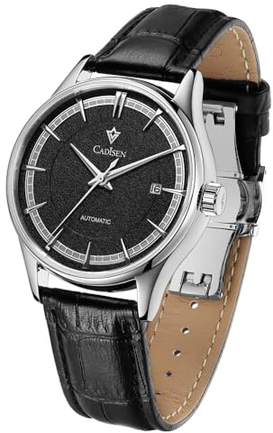 CADISEN Montre automatique pour homme - Verre saphir - Étanche - Bracelet en cuir véritable, Noir