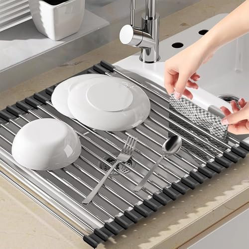 KAWAAN Escurridor de Platos Plegable, Acero Inoxidable, 45 x 35 cm, Ideal para Vajilla