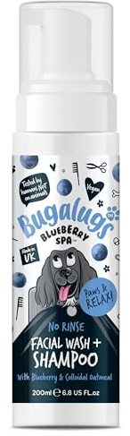Bugalugs Dog Face Wash Dry Shampoo for Dogs, Blueberry Spa Facial no rinse shampoo tear stain remover for dogs eyes Brightens & Refreshes pets faces (No Rinse Facial Wash & Shampoo 200ml)