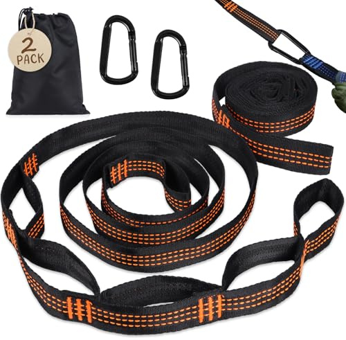 2 Stück Hängematte Befestigung Set, 2 m x 2,5 cm Aufhängung Gurte mit 2 Hakenkarabinern + 1 Aufbewahrungstasche, 300 kg Tragfähigkeit für Hängematte, Schaukel, Hängesessel - Camping, Outdoor, Reise