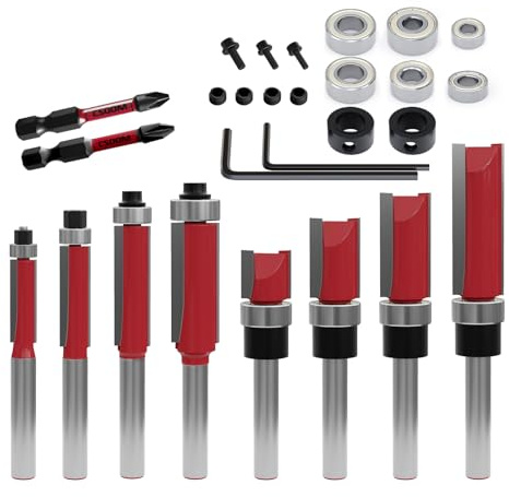 CSOOM Lot de 10 fraises à affleurer avec 2 embouts magnétiques à percussion, 6 roulements, 2 clés, kit de fraises à affleurer à tige de 6 mm, fraises en carbure de tungstène, outils pour le travail du