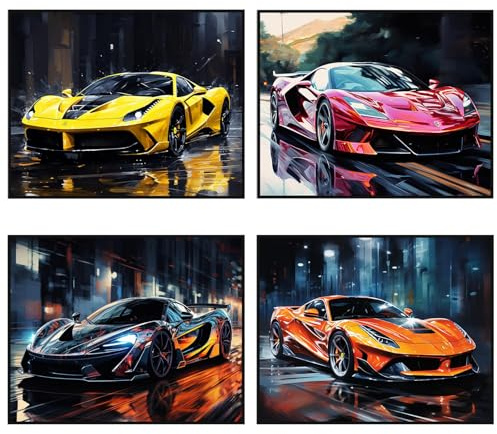 Cumnvulnt 4 Stück Auto Poster, Autobild, Rennwagen-Wandkunst, Supersportwagen Wall Art für Jungen und Männer, Büro, Schlafzimmer, Wohnzimmer, Garagendekoration (Unframe,20 x 30 cm)