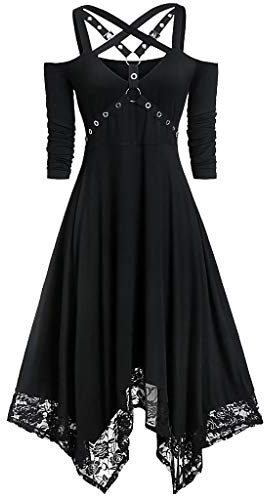 Generisch Spitzenkleid Schwarz Spitze Frauen-Größe Ärmel offenes Kleid Schulter Frauenkleid Kleid Gürtel Damen Türkis (Black, L)