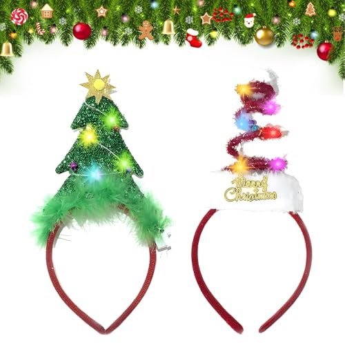 Sunshine smile 2 Stück Weihnachts Haarreif mit LED,Weihnachtsbaum Stirnband,Weihnachtliche Stirnbänder,Beleuchtete Stirnbänder mit LED,Kopfbedeckungen Erwachsene,Leuchten Haarreifen für Party Cosplay