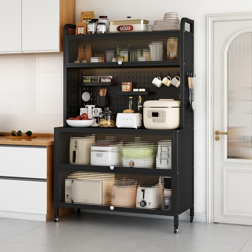 kjdjksd Large Kitchen Bakers Rack, 5-Tier Corner Microwave Stand with Storage Cabinet, Coffee Bar with 6 S-Shaped Hooks, Open Kitchen Storage Shelves for Spices, Pots and Pans, Black