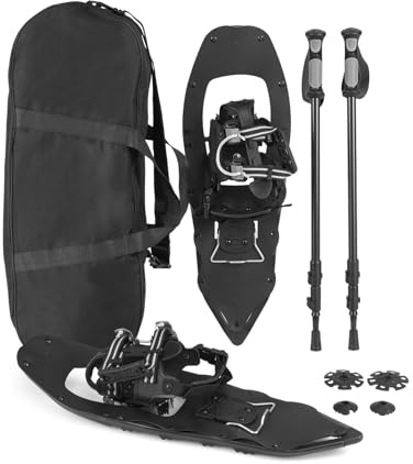 GOPLUS Raquettes Neige avec Bâtons de Trekking, Ensemble de Raquettes à Neige en Aluminium avec Bâtons de Randonnée & Sac de Transport, Taille Réglable 35-40/35-45 EUR (Noir Cranté,25''| 63 x 21 CM)