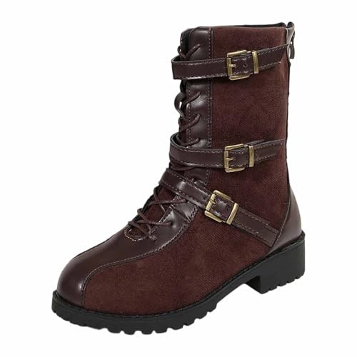 Bottines tendance avec dessus en cuir, boucle latérale, lacets à fermeture éclair à l'arrière, bottes d'hiver confortables, marron, 41 EU