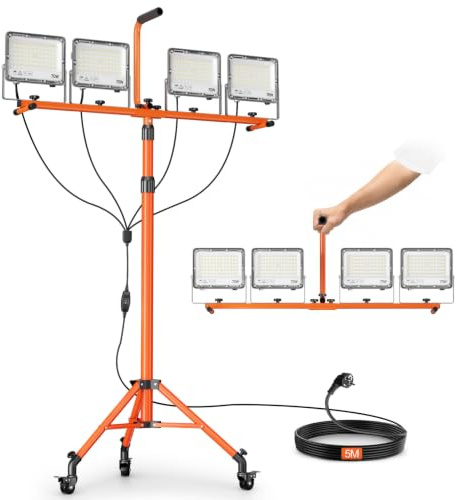 EMART Baustrahler LED mit Stativ 28000LM 280W Baustellenlampe mit Rollen | Bauscheinwerfer, 5m Kabel Höhenverstellbar Arbeitsscheinwerfer für Garage, Werkstatt, Baustelle