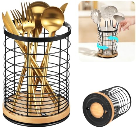 Sesaver 360° Rotating Utensil Holder,Black Carbon steel Kitchen Utensil Holder with Wooden Base Round Flatware Storage for Countertop Spatulas Spoon and Tongs Tableware Storage