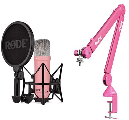 RØDE NT1 Signature Series Micrófono de Condensador + Brazo de Estudio PSA1+ – Kit de Grabación Profesional para Voz, Streaming y Podcast (Rosa)