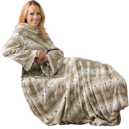 CelinaTex Decke mit Ärmeln und Fußtasche Flauschige Kuscheldecke XL 170 x 200 cm Taupe und Creme weiß Mikrofaser Fleece Oeko-TEX Schneestern