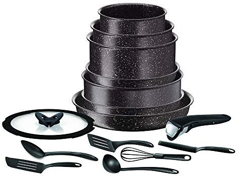 Tefal Ingenio Batterie de cuisine 15 pièces, Induction, Revêtement antiadhésif, Poêle, Casserole, Sauteuse, Couvercle, Fabriqué en France, Extrême effet pierre L6789102, Marron, 28.5 x 32.5 x 32.5 cm
