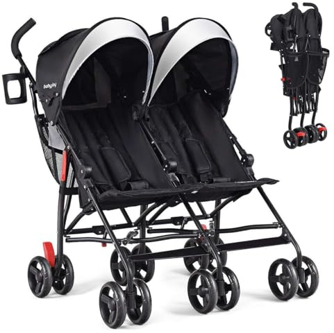 BABY JOY Double Umbrella Stroller, Lightweight Travel Side by Side Twin Stroller with Large Storage, Cup Holder, 5-Point Safety Harness, Adjustable Canopy & Compact Fold for Infant and Toddler (Black)