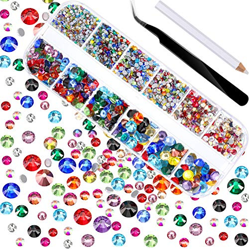 2000 Stück Hot Fix Glas Flache Rückseite Strasssteine HotFix Runde Kristall Edelsteine 1,5-6 MM (SS4-SS30) in Aufbewahrungsbox mit Pinzette und Pflücken Strass Pen (Mehrfarbig)