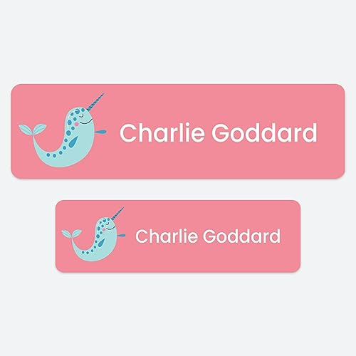 50 x No Iron Medium Personalised Stick On Waterproof Washable Name Labels Great for Clothes, School Uniform, Equipment, Shoes and Much More. School, Nursery, Day Care, Hospital - Narwhal