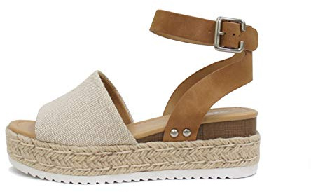 Soda Topic Open Toe Buckle Ankle Strap Espadrilles Flatform Wedge Casual Sandal (Beige Canvas/Tan, 5.5)