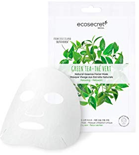 ECOSECRET SÉOUL - Masque Visage Coréen - Extrait Naturel Thé Vert - Usage Unique - 100% Coton - Relaxant - Hydratant - Acide Hyaluronique - Peaux Sèches - Tissu