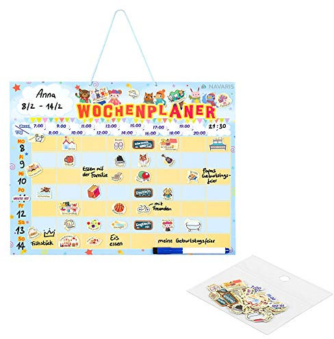 Navaris abwischbarer Wochenplan magnetisch 40 x 32cm - mit 98 Magneten und Stift - individualisierbare Magnettafel Familienplaner Wochenplaner Deutsch