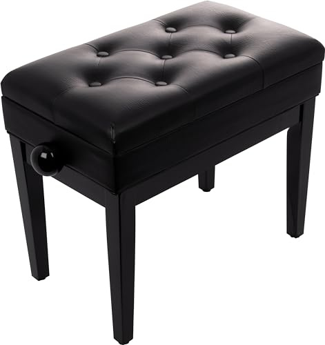 QUIK LOK - PB/106 BK L Klavierbank aus Holz, Gepolsterte Sitzfläche mit Capitonné-Finish, Notenfach, Höhenverstellbar 46–55 cm, Sitz 55 x 33 cm, Kunstleder, Hochglanz-Schwarz