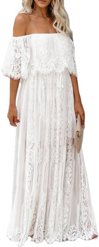 HOYISHION Womens Boho Off The Shoulder Floral Lace Maxi Dress White Wedding Bridesmaid Party Dress Maternity Photoshoot Dresses