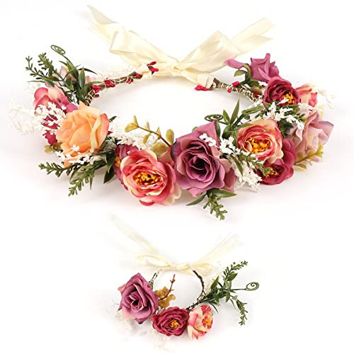 Blumenkranz Haarreif Haarschmuck für Damen,Rose Braut Haarschmuck mit Armband-Set,Blumenstirnband Verstellbarer Gürtel,für Hochzeit Zeremonie Festival Party Strand (Farbe, Kranz + Armband)