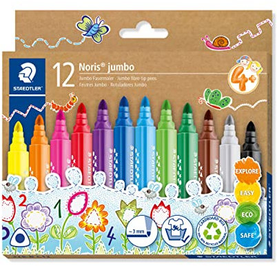 Staedtler 328-B C12 Dicke Fasermaler Noris jumbo, ergonomischer Schaft, für Kinder ab 4 Jahren, 12 Filzstifte in sortierten Farben in umweltfreundlicher Kartonverpackung