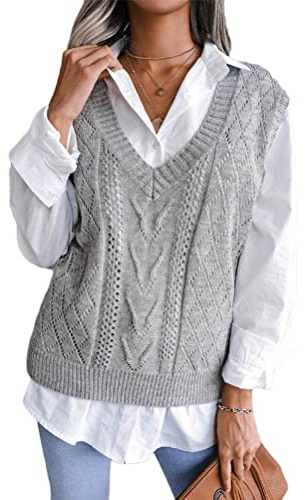 shownicer Femme Gilet en Tricot À Col en V Débardeur Décontracté sans Manches Gilet Tricoté Géométrie Couleur Unie Décontracté F Gris M