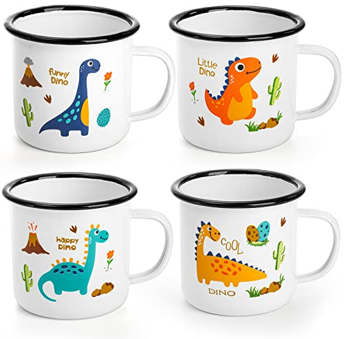 Suwimut Set of 4 Enamel Camping Mug, 16 Ounce Metal Enamel Coffee Tea Cups with Handle for Outdoor Camping Hiking Backpacking Women Men Gift, 2-Sided Unique Graphic Design Portable Travel Mugs