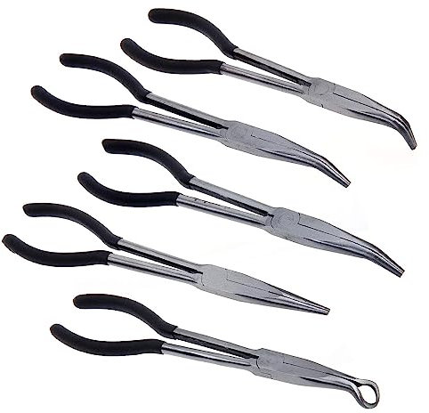Holdfiturn 5PCS Long Reach Plier Set 11Inch Nose Pliers Set Carbon Steel Joint Needle Nose Plier for Jewelry Making Car Repairing (Black)