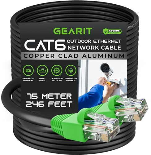 GearIT Cable Ethernet Cat6 para exteriores (75 metros) recubierto de cobre CCA, impermeable, entierro directo, en tierra, cubierta UV, POE, red, Internet, cable Cat 6, Cat6, 75 m